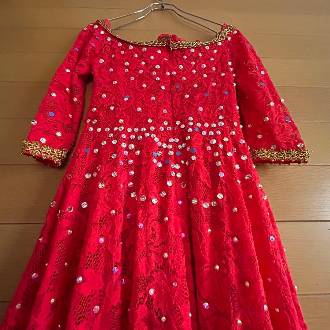 社交ダンスドレス ラテンダンス 衣装 レッド 赤 ゴールド ビジューレース装飾
