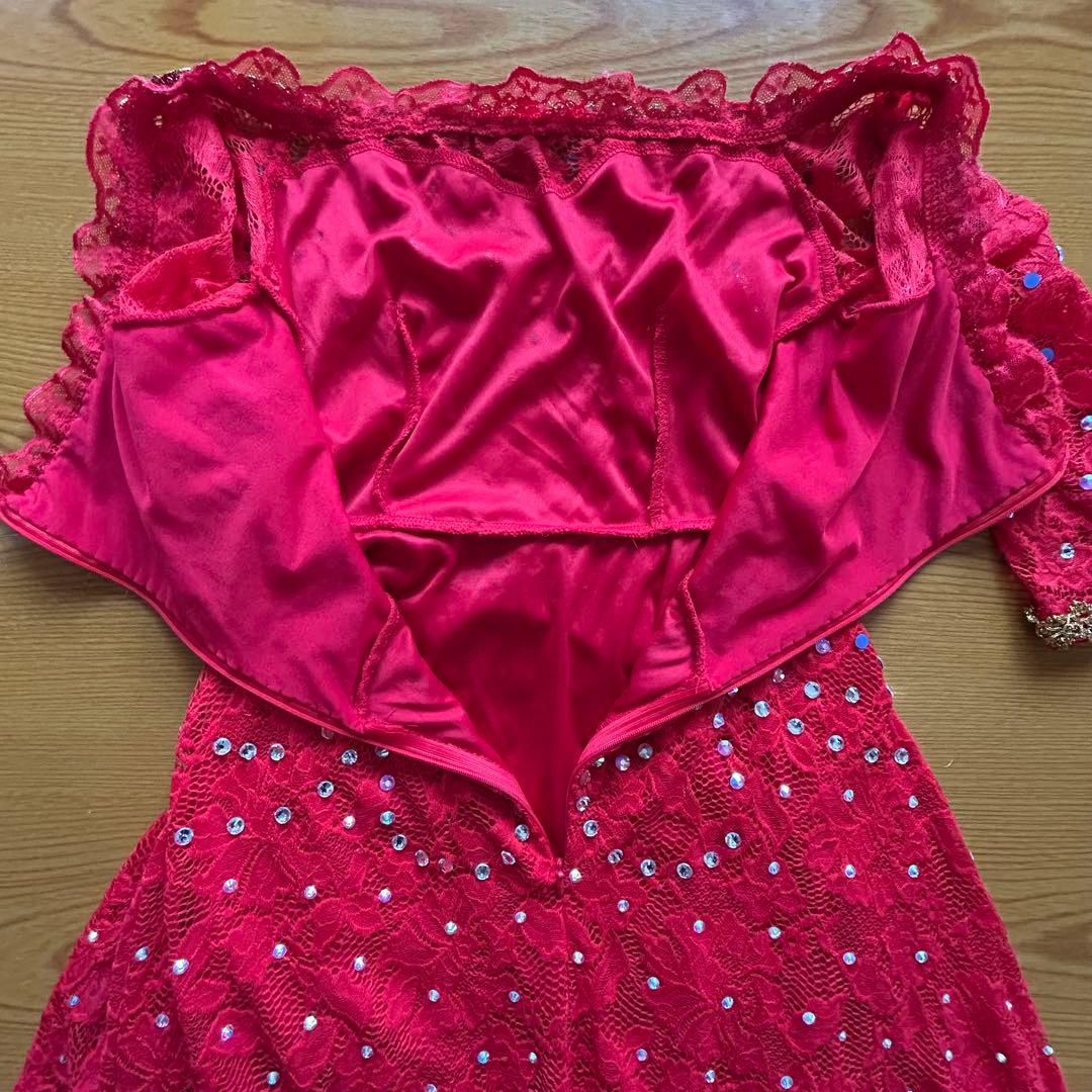 社交ダンスドレス ラテンダンス 衣装 レッド 赤 ゴールド ビジューレース装飾