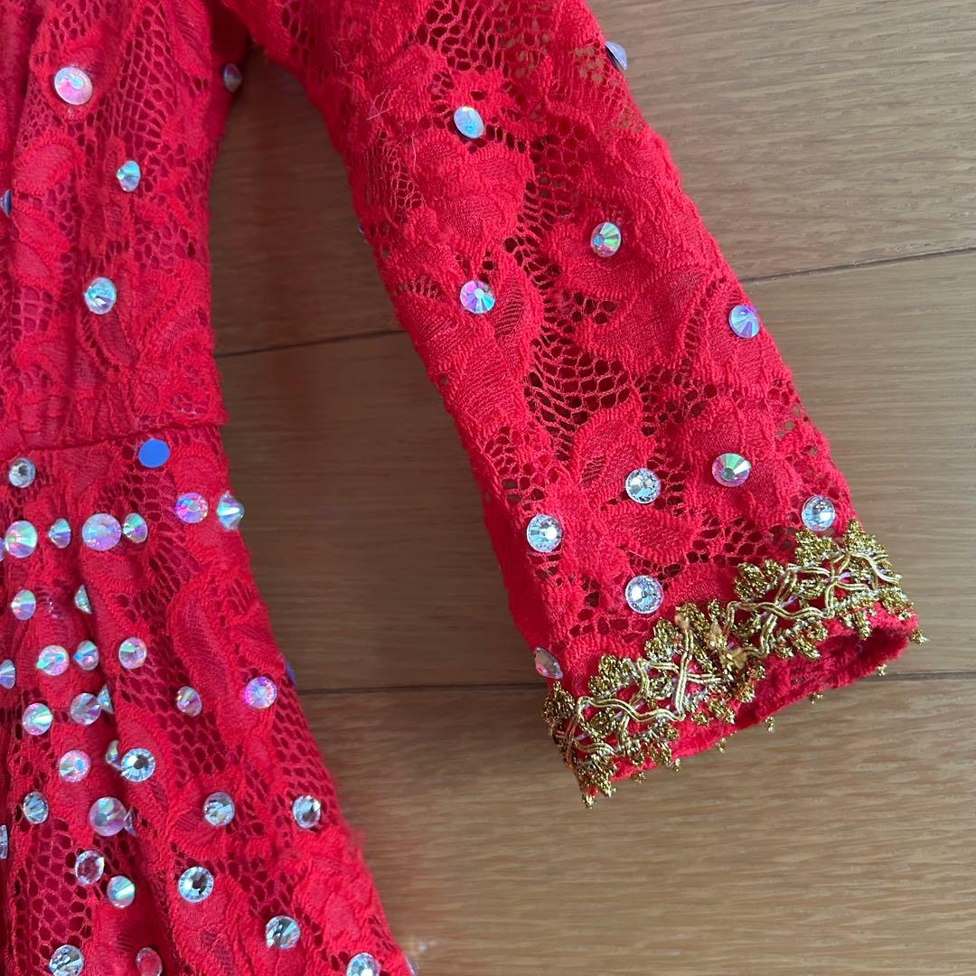 社交ダンスドレス ラテンダンス 衣装 レッド 赤 ゴールド ビジューレース装飾
