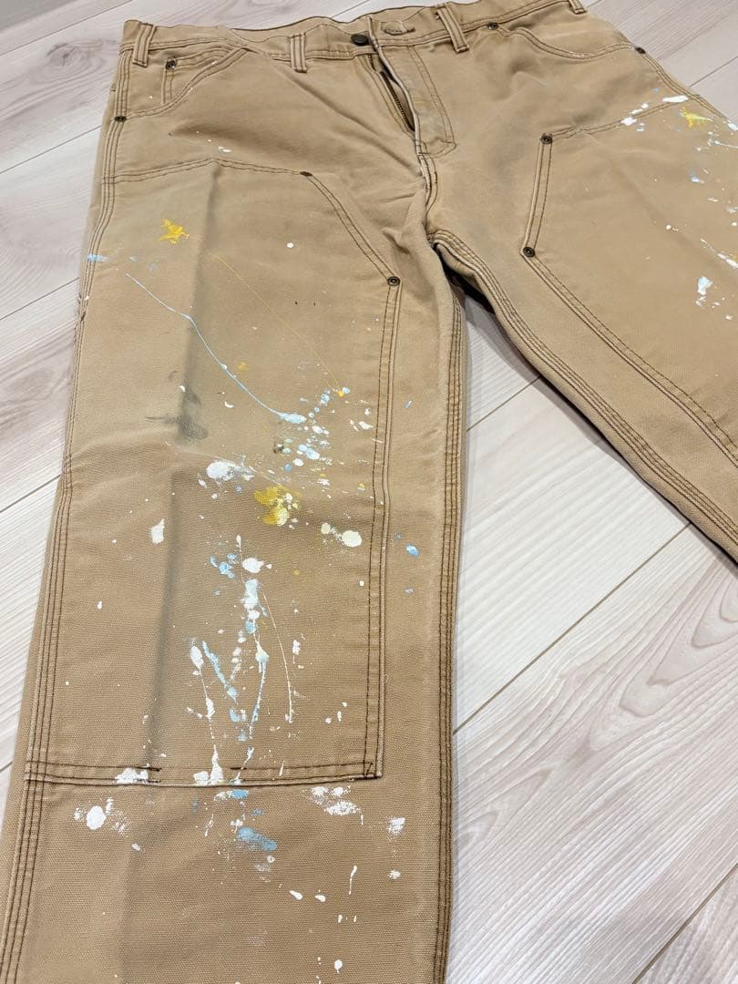 80s KEY ダブルニー ワークパンツ ベージュ W36 ペイント