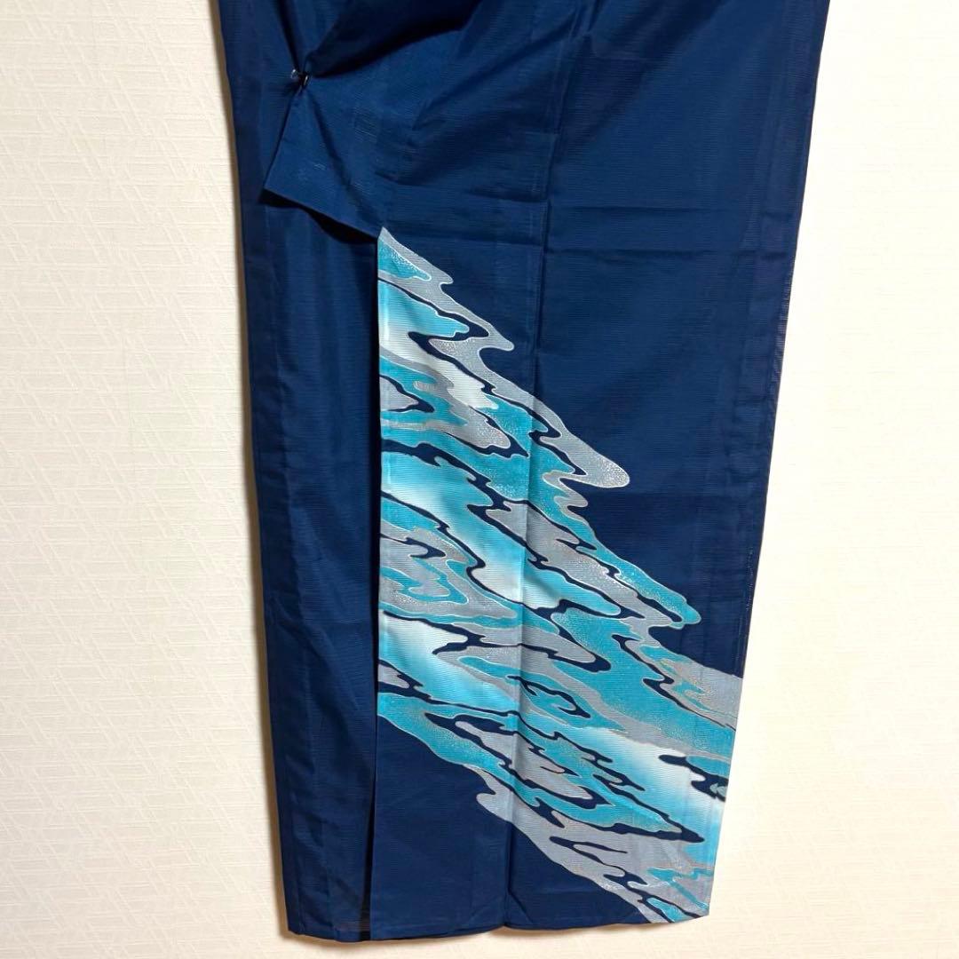 【舞台衣装】 。ポリ絽 墨流し風の模様 銀彩 着物 単衣 広衿 身丈約161cm