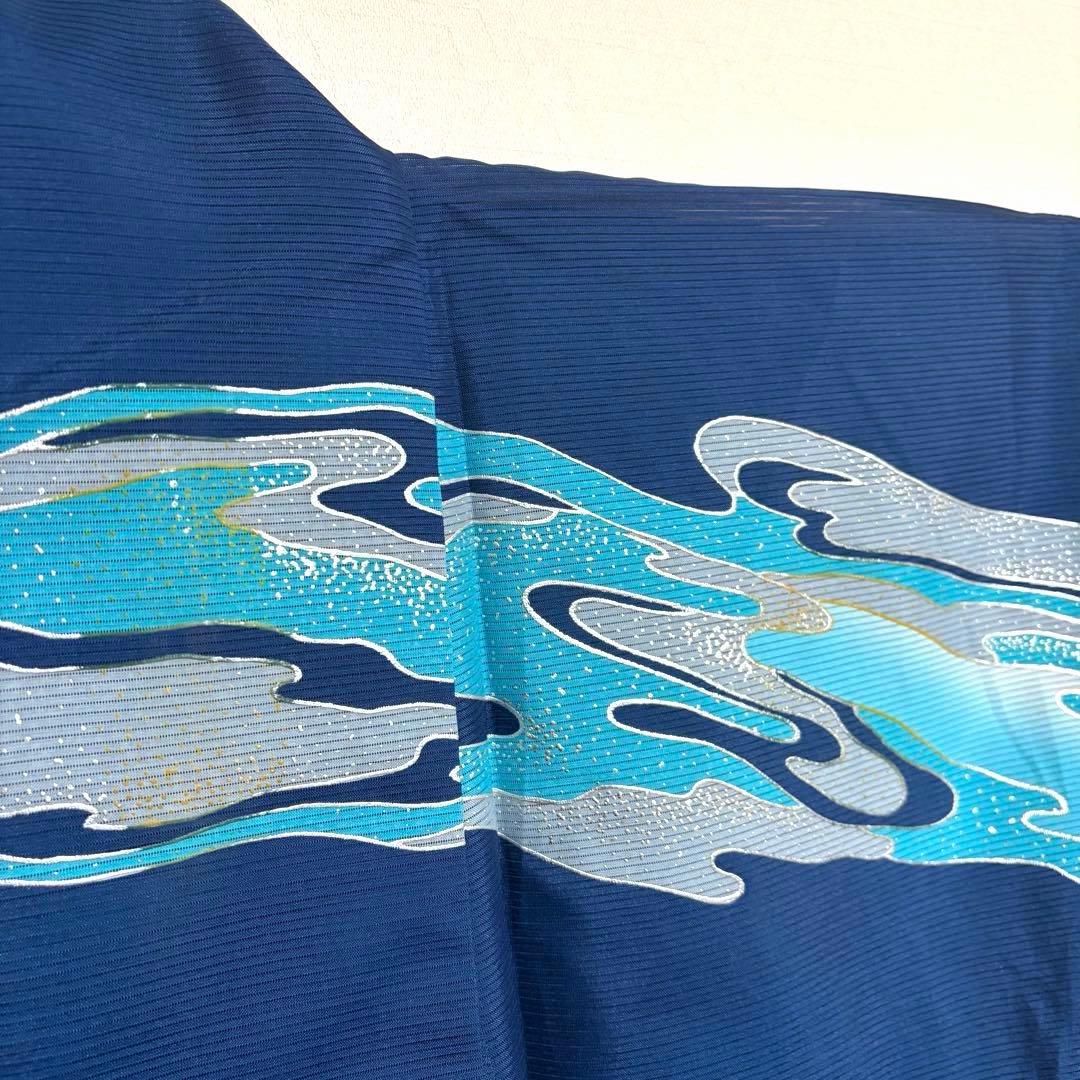 【舞台衣装】 。ポリ絽 墨流し風の模様 銀彩 着物 単衣 広衿 身丈約161cm