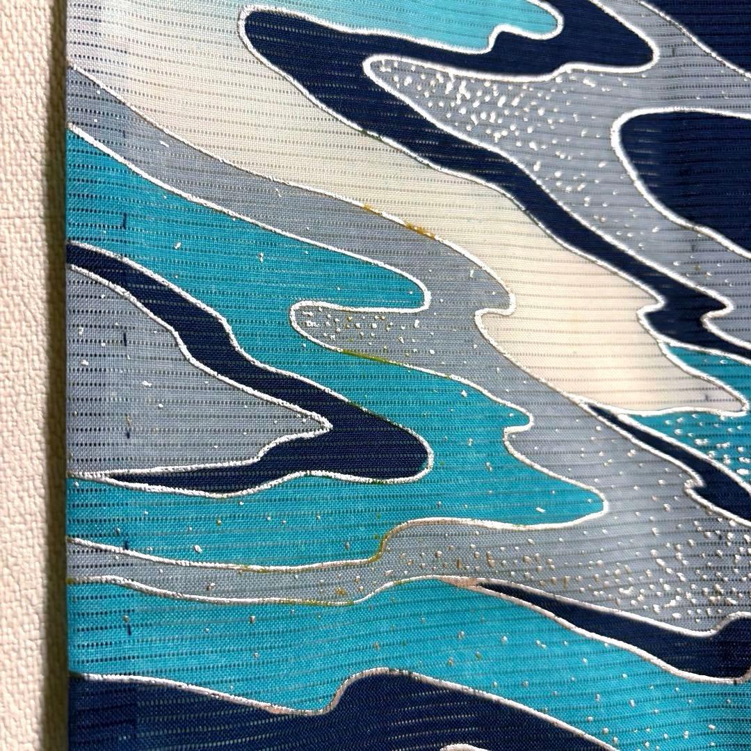 【舞台衣装】 。ポリ絽 墨流し風の模様 銀彩 着物 単衣 広衿 身丈約161cm