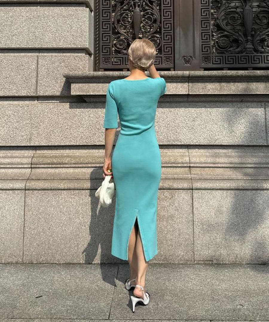 【JENNE ジェンヌ】スリットパール ニットドレス　ワンピース　ターコイズ　S