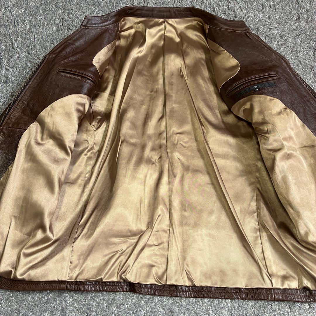 【美品】NO ID カウレザーVネックシングルライダースJKT 茶 3 牛革
