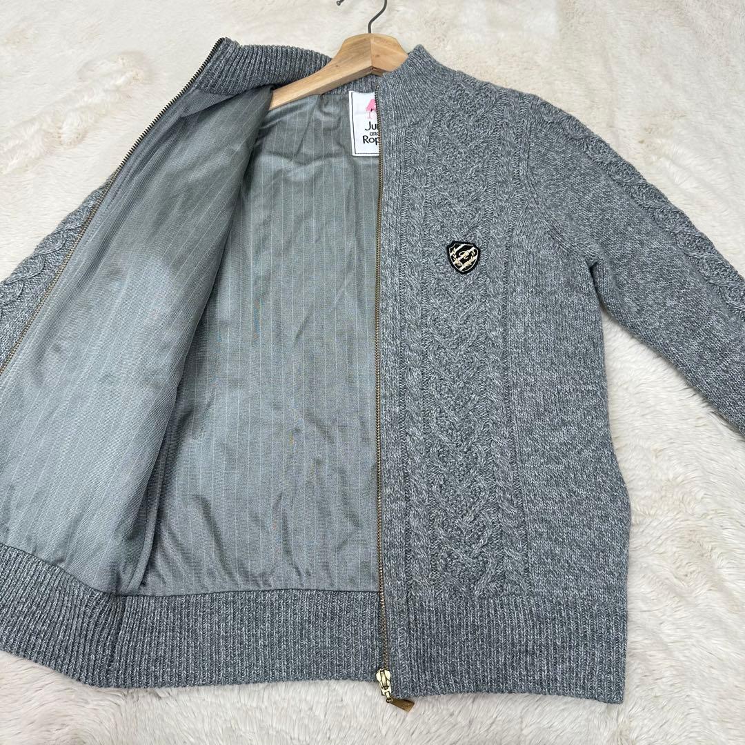 ✨美品✨ジュンアンドロペ 防風裏地付 ケーブルニット ジップブルゾン グレー M