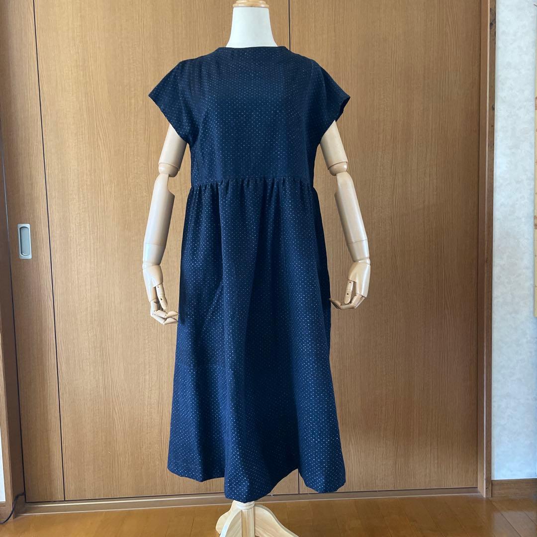 古布藍染蚊絣フレンチ袖ロングワンピース