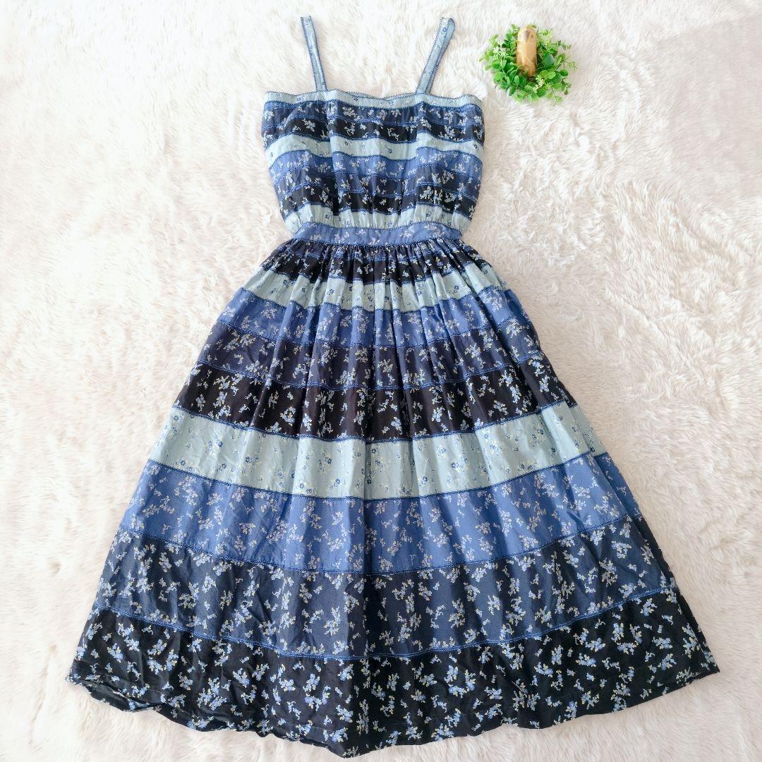 WONDERFUL WORLD ワンピース 青花柄 ティアード キャミ M　総柄