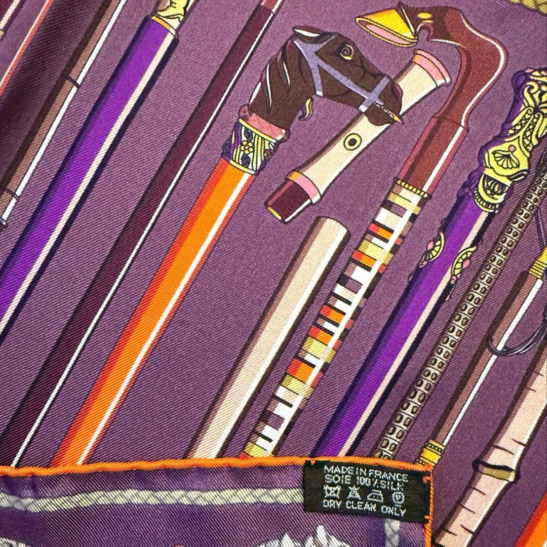 美品 エルメス シルクスカーフ ガヴロッシュ レ・カンヌ ステッキ 杖 馬 紫色