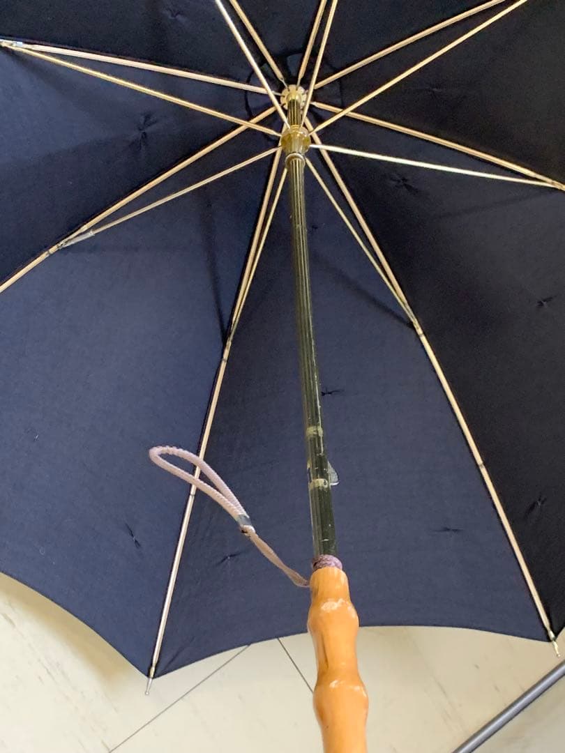 ギィドゥジャン雨晴日傘フランス製黒×白リボン付き晴雨兼用長傘生地張り替え済み