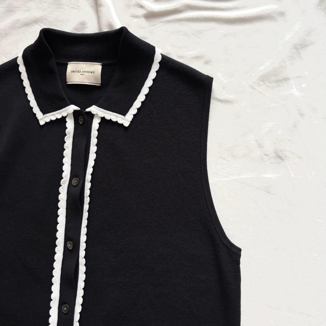 極美品☆ユナイテッドアローズ スカラップレース ニットベスト バイカラー 黒　白