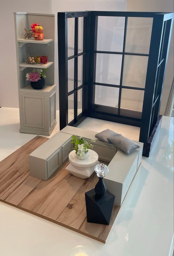 ドールハウス　撮影背景ボード　ハンドメイド☆コーナールーム＆チェア＆シェルフ家具