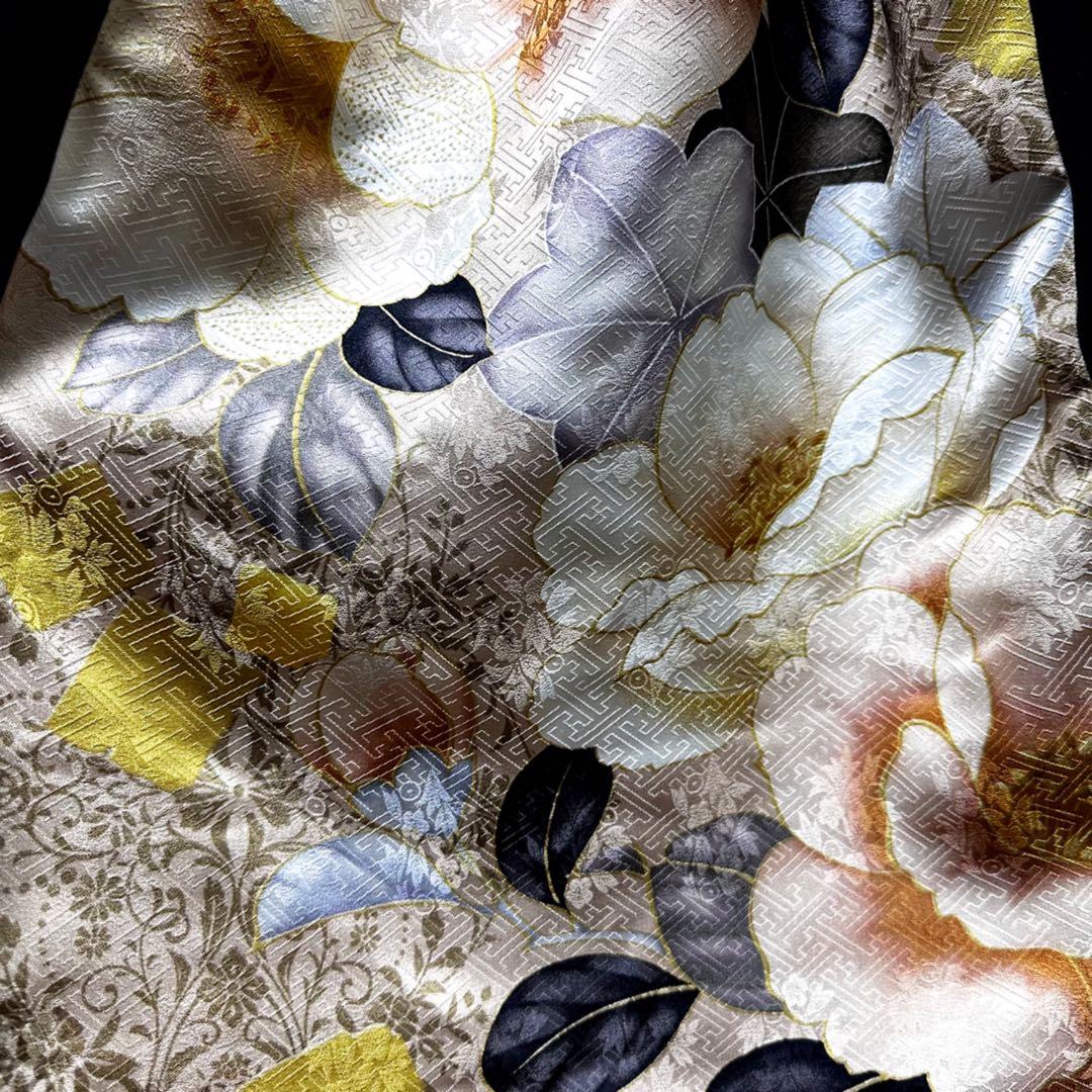 振袖　着物リメイク　ドレス　黒×椿と梅　和柄　ワンピース　ハンドメイド