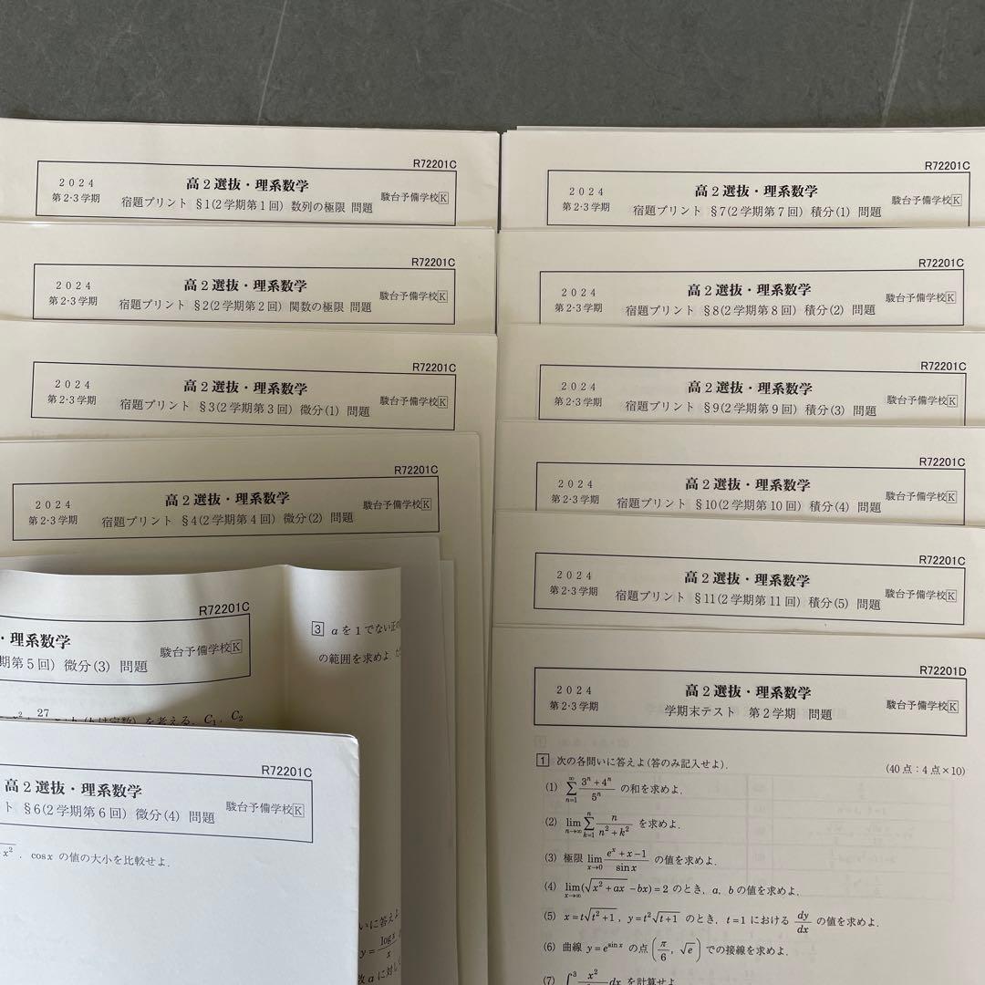 駿台　選抜理系数学（高2) テキスト•宿題プリント•テスト•板書セット