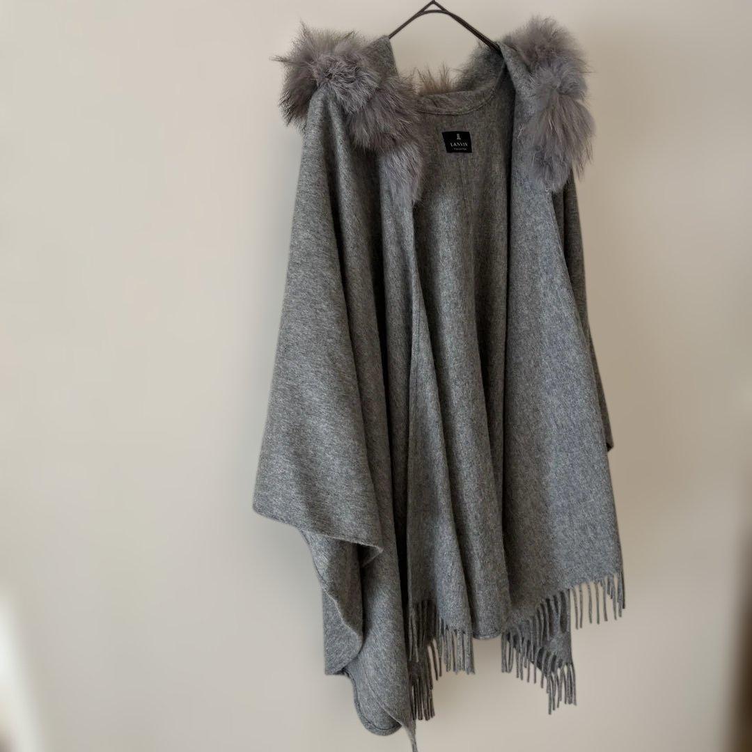 美品☆LANVIN ランバン 美品 フード付き ポンチョ ストール ライトグレー