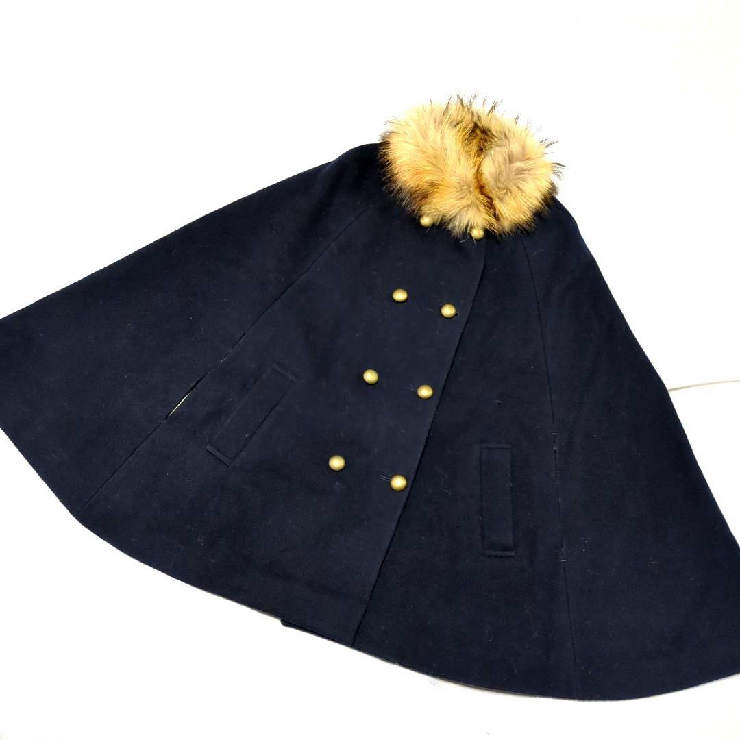 ラクーンファー　ポンチョ　ユナイテッドアローズ　金ボタン　マント　ネイビー　美品