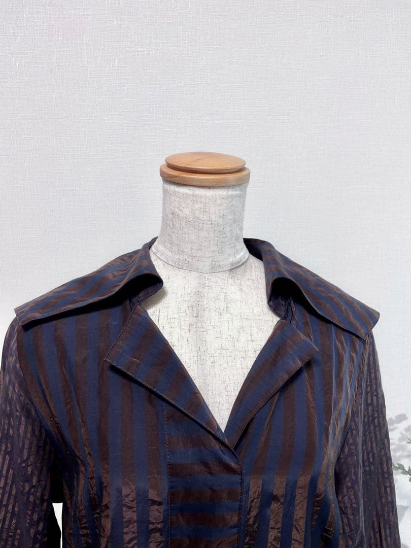 美品BRAHMINストライプ柄セーラー襟シャツワンピース袖ゴールドボタンロング丈