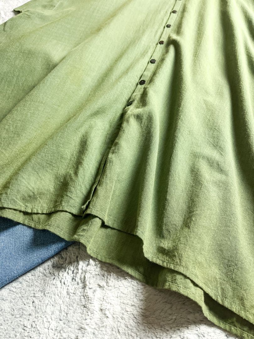 【Babaghuri】ババグーリ 綿混 Vネックワイドシャツワンピース M 緑