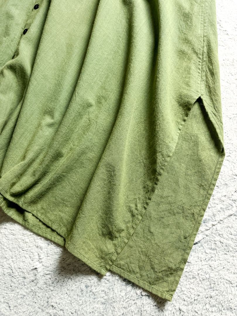 【Babaghuri】ババグーリ 綿混 Vネックワイドシャツワンピース M 緑