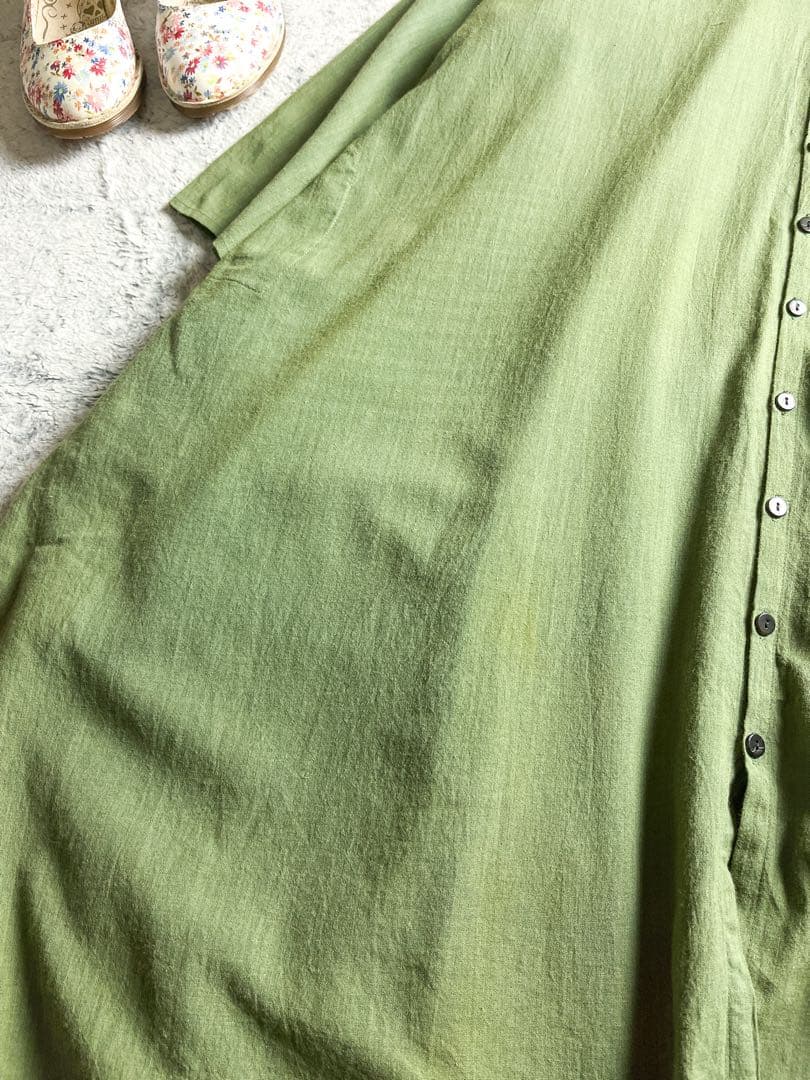 【Babaghuri】ババグーリ 綿混 Vネックワイドシャツワンピース M 緑