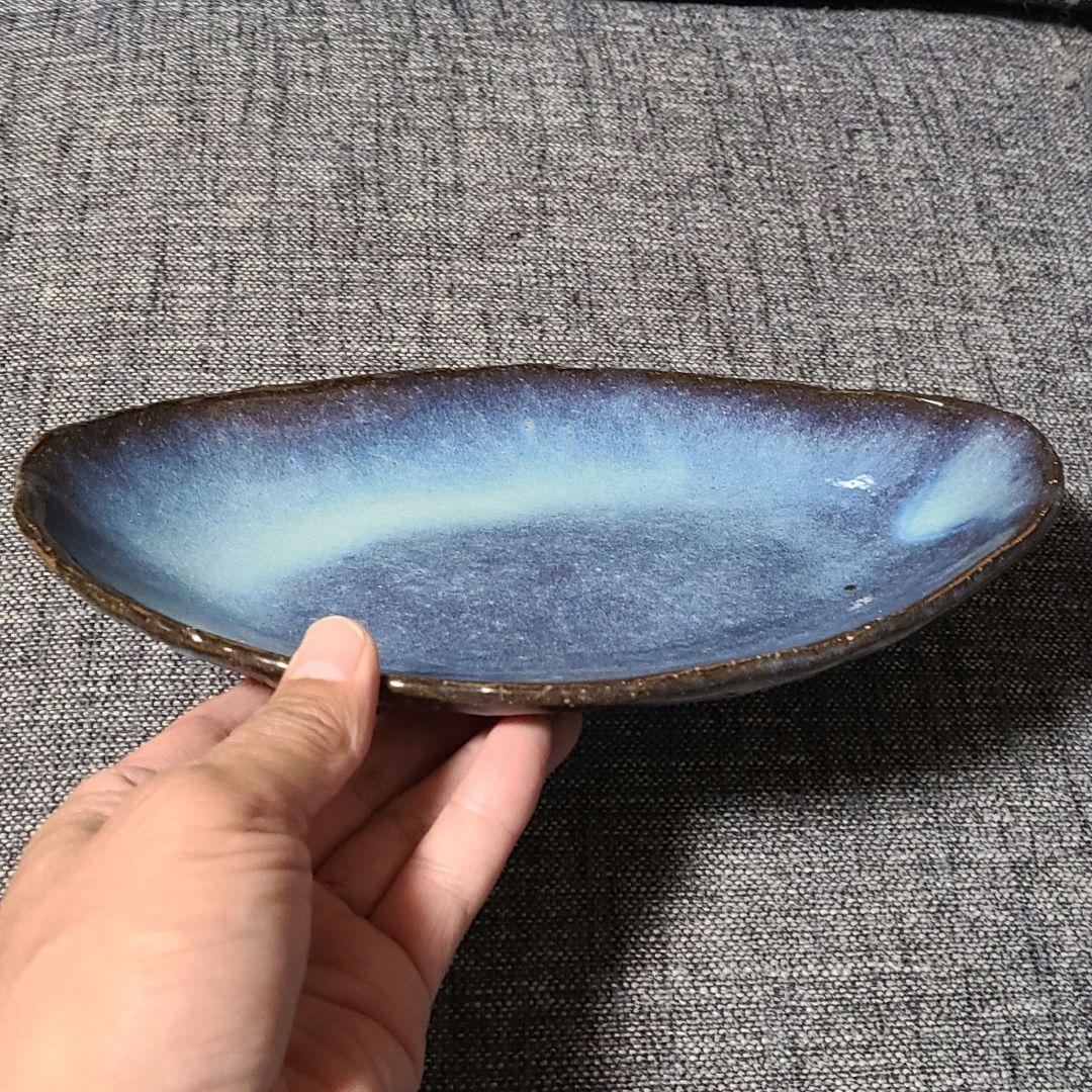 【さくら】希少 萩焼 青萩楕円形皿 清玩作 『山根清玩』未使用