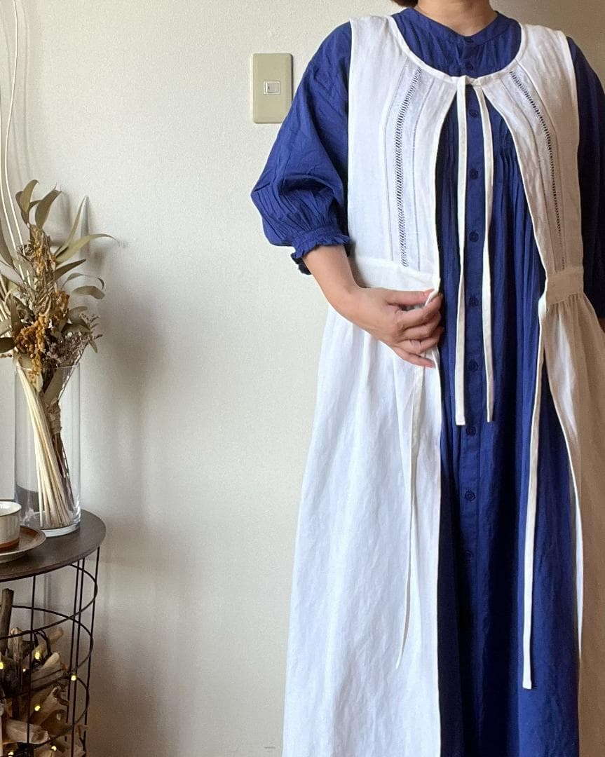 アンティーク　リネン　エプロン　ワンピース　リメイク　ハンドメイド