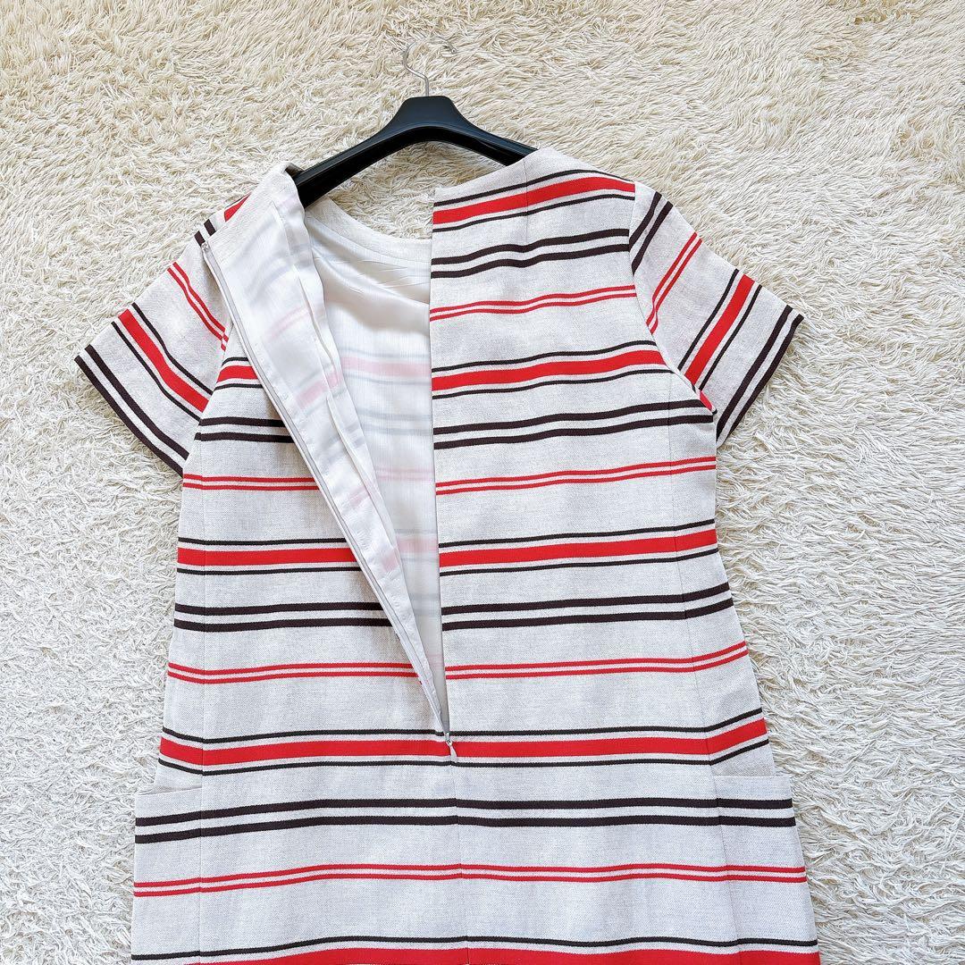 クリ済✨美品✨レリアン リネンボーダーワンピース 大きいサイズ13+ ベージュ系