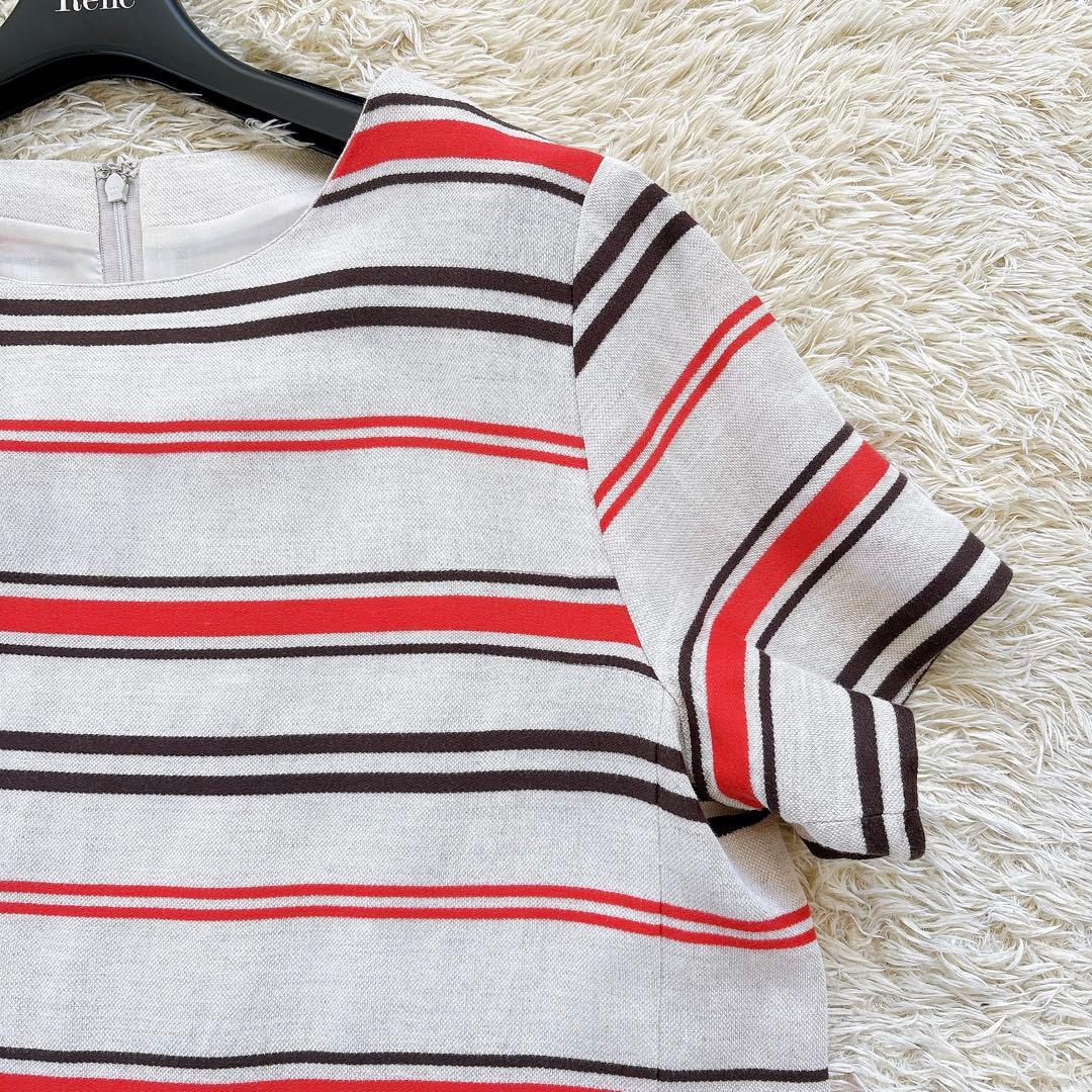 クリ済✨美品✨レリアン リネンボーダーワンピース 大きいサイズ13+ ベージュ系