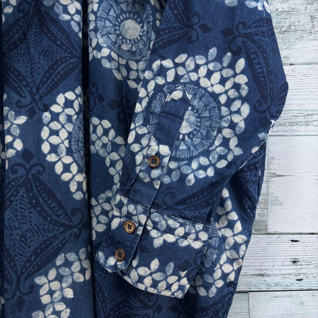 ☆美品☆45R 抜染プリントのビッグシャツドレス（インディゴ）　0サイズ