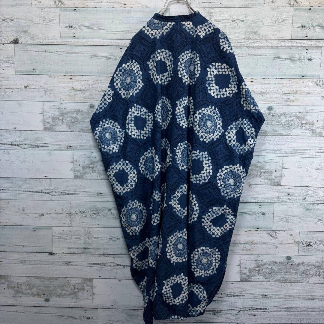 ☆美品☆45R 抜染プリントのビッグシャツドレス（インディゴ）　0サイズ