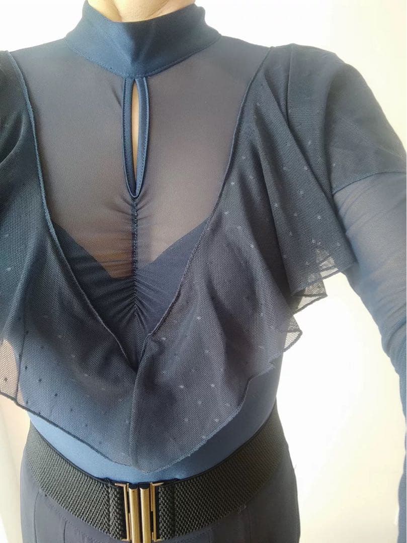 ラテンダンスレオタードダンスウェアプチハイネック メッシュ 透け スナップボタン