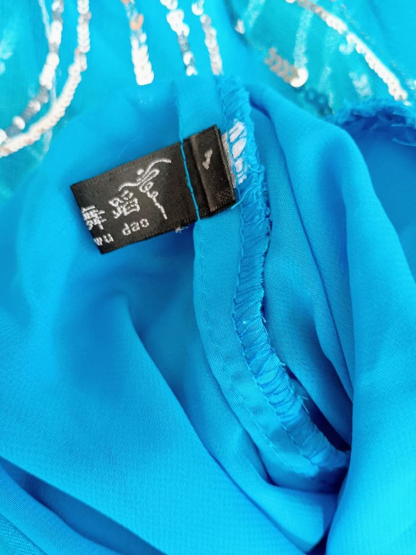 社交ダンス衣装ロングドレスブルー　スパンコール　オーロラストーン付裾3重フレアー