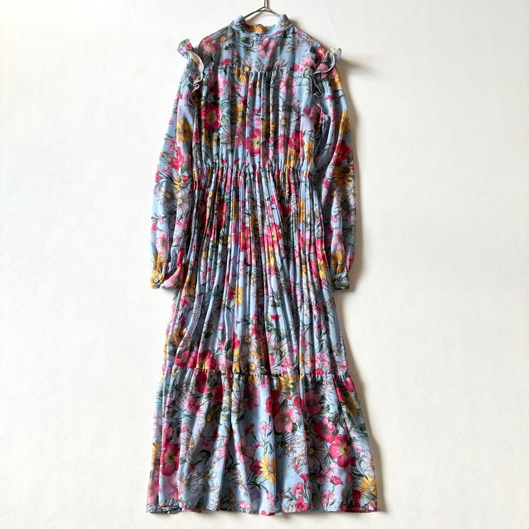 Sov.　ポリエステルシフォンフラワープリントワンピース　ボウタイ　インナー付き