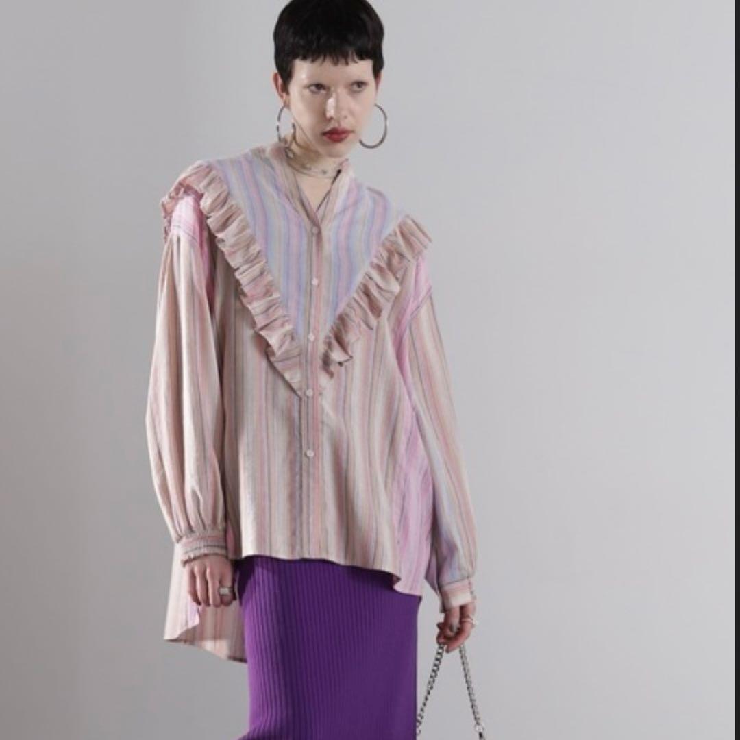 GENE HEAVENSマルチカラーストライプ パネルフリルシャツ　ローズバッド