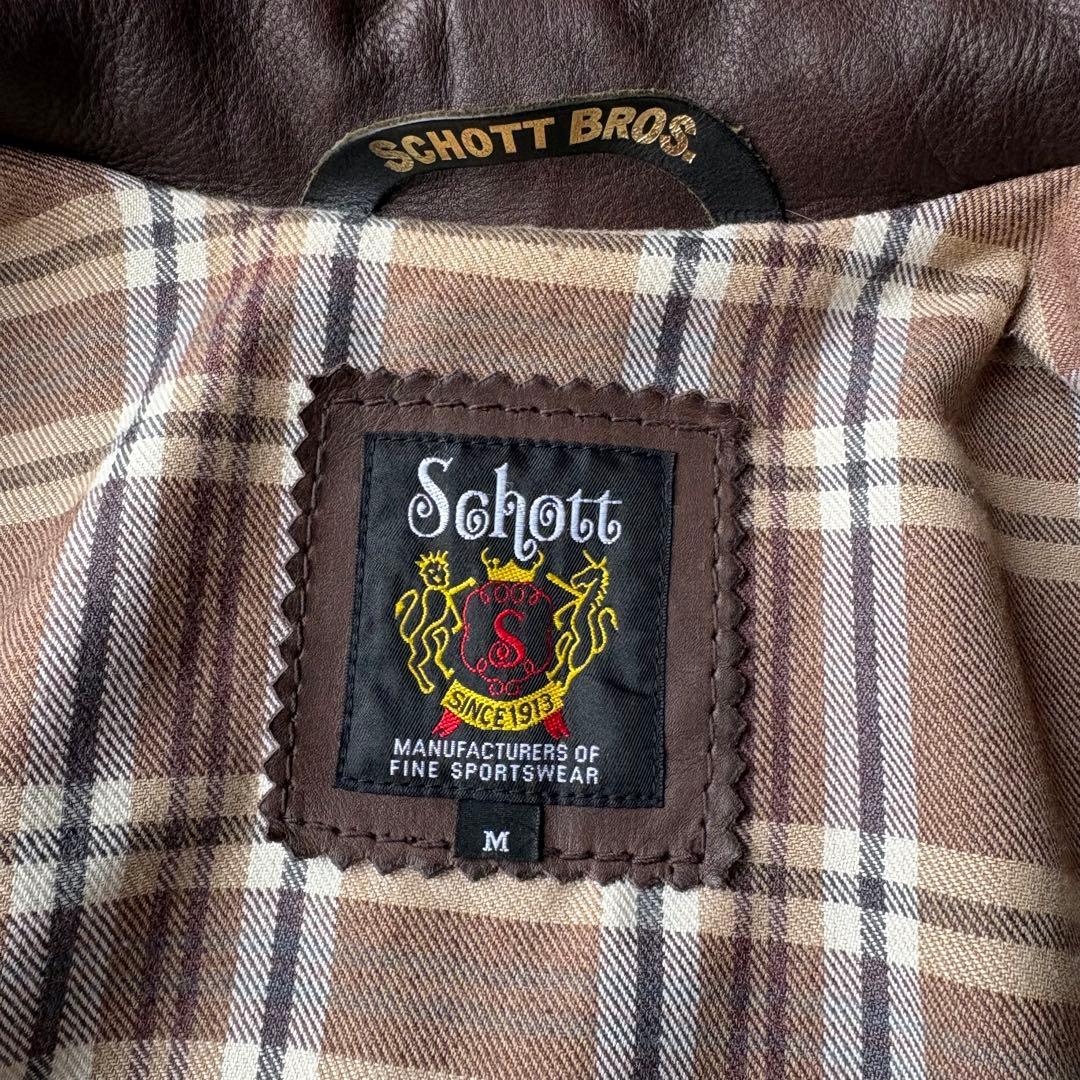 Schott シングルライダース カウハイドレザー 牛革 裏地チェック ブラウン