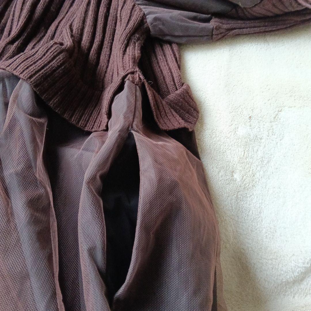 シフォンスカート　パフスリーブ　ドッキングワンピース　44 焦げ茶