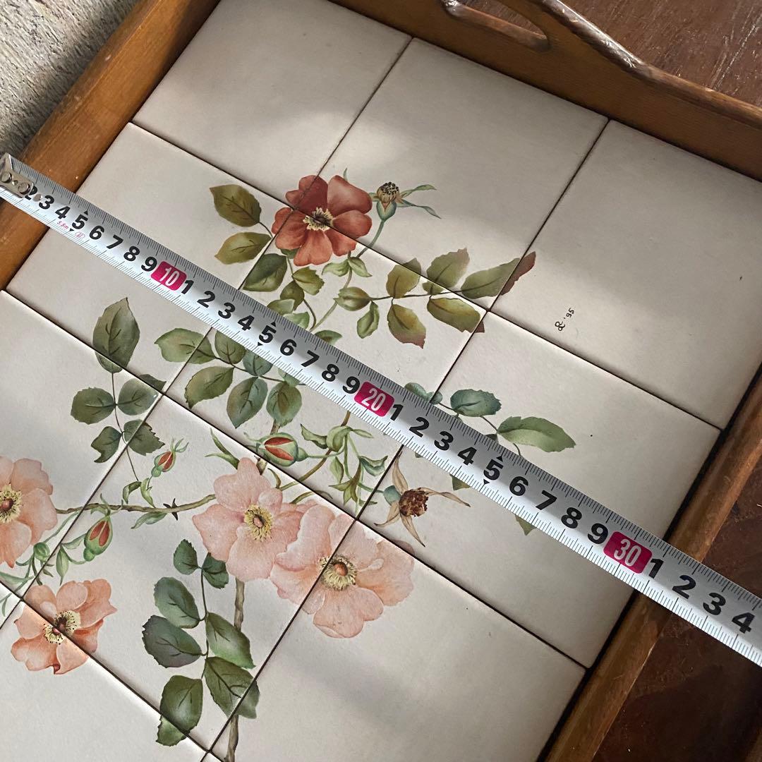 アンティーク　木製トレイ　タイル　花柄　お盆　ヴィンテージ　レトロ