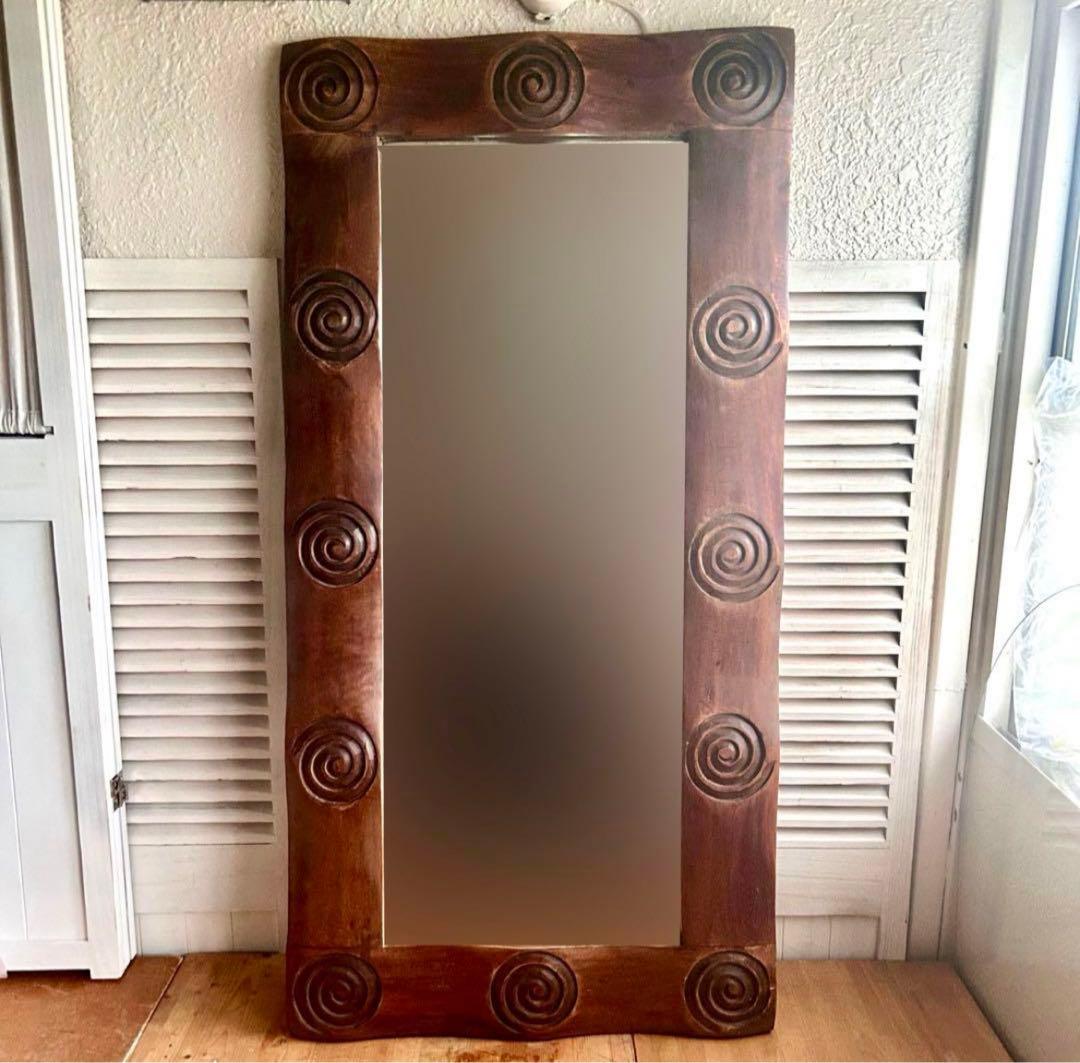 木彫りのミラー姿見 鏡 手彫り　バリ タイ アジア