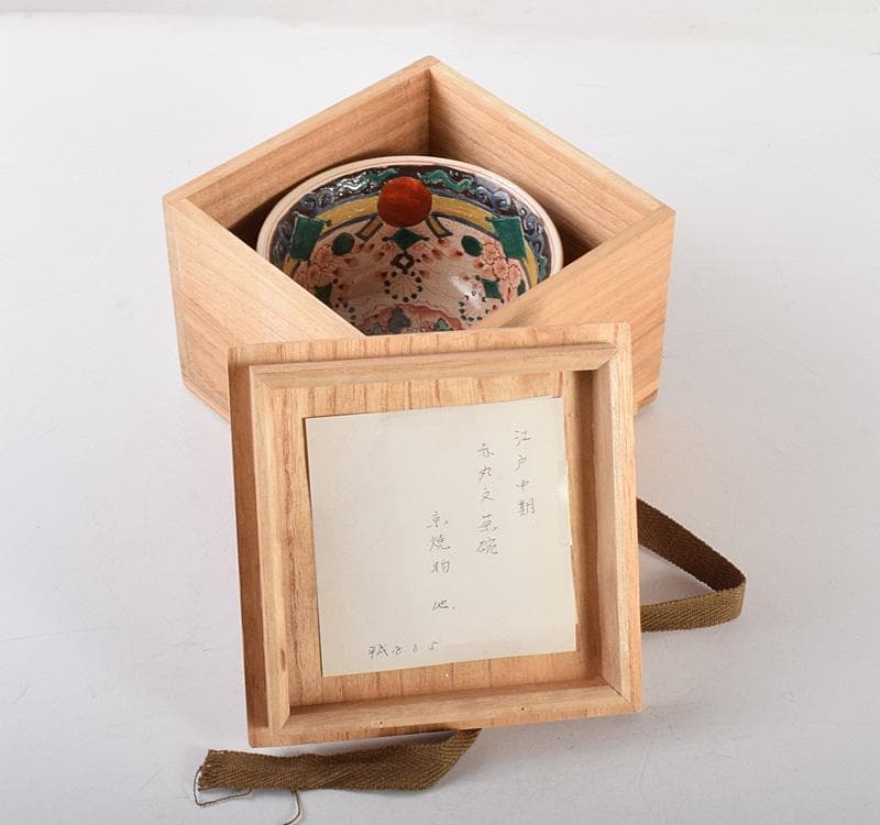 mercame　京焼　色絵赤丸文茶碗　鉢　江戸中期　時代箱　C　R5008