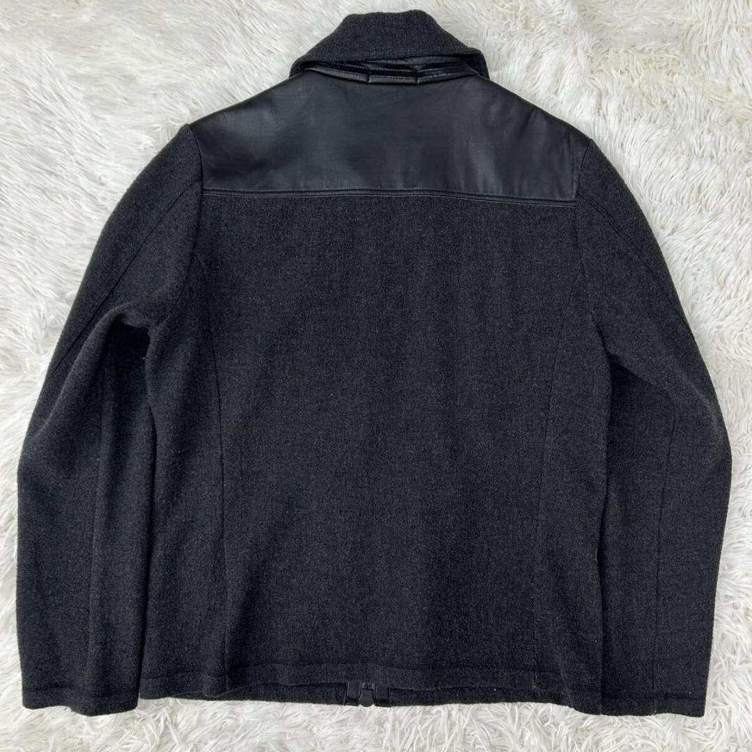 【極美品/L】バーバリーロンドン ニットジャケット ダブルファスナー レザー 黒