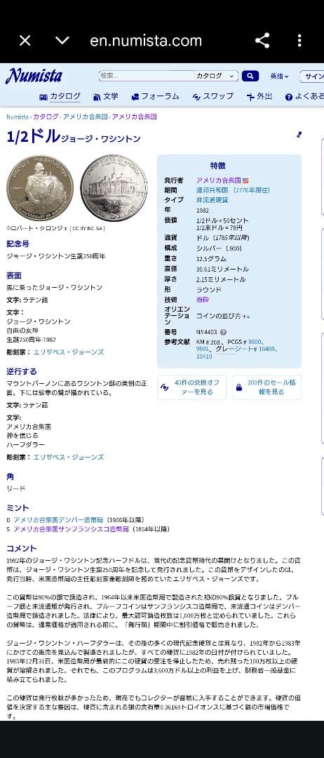 1982年 アメリカ銀貨 ハーフダラー ワシントン生誕記念銀貨 SV900