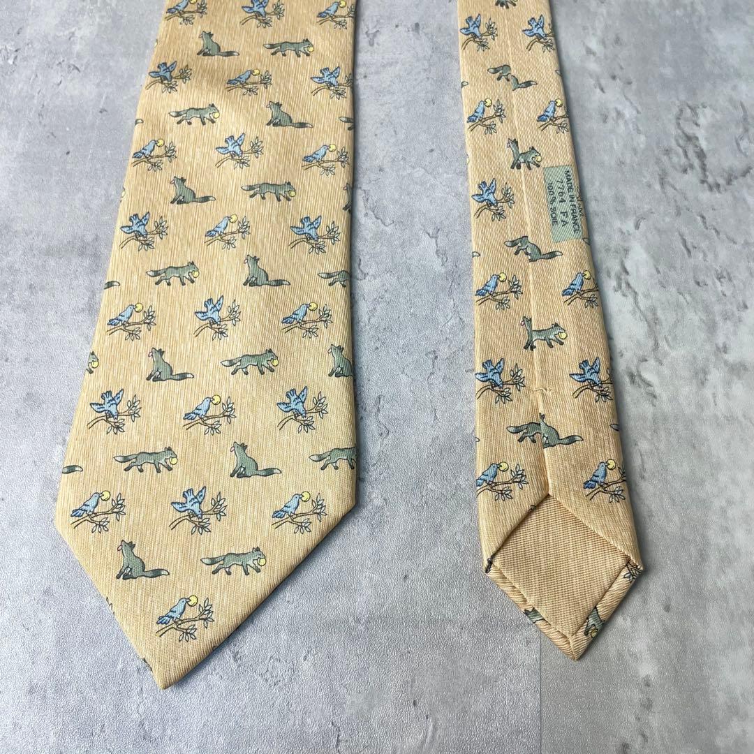 美品 HERMES エルメス アニマル柄 キツネ 鳥 ネクタイ ベージュ