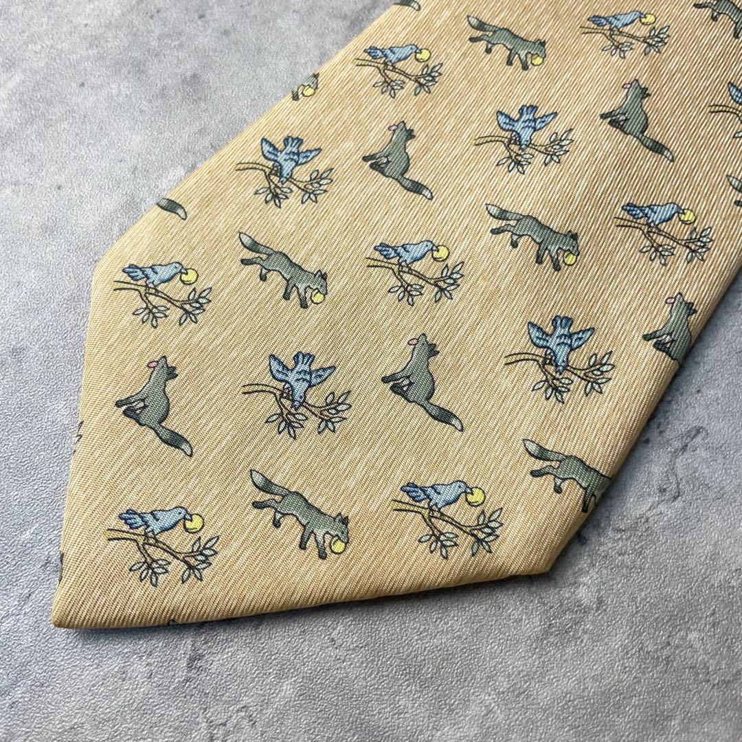 美品 HERMES エルメス アニマル柄 キツネ 鳥 ネクタイ ベージュ