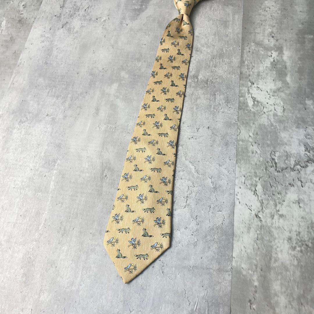 美品 HERMES エルメス アニマル柄 キツネ 鳥 ネクタイ ベージュ