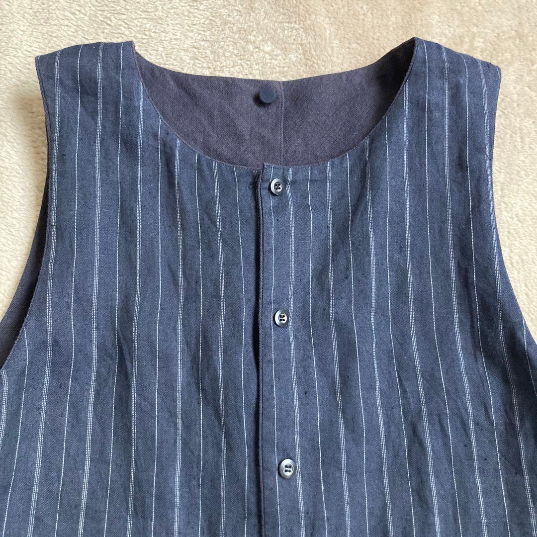 TOUJOURS ベスト リバーシブル リネン混 ストライプ ネイビー