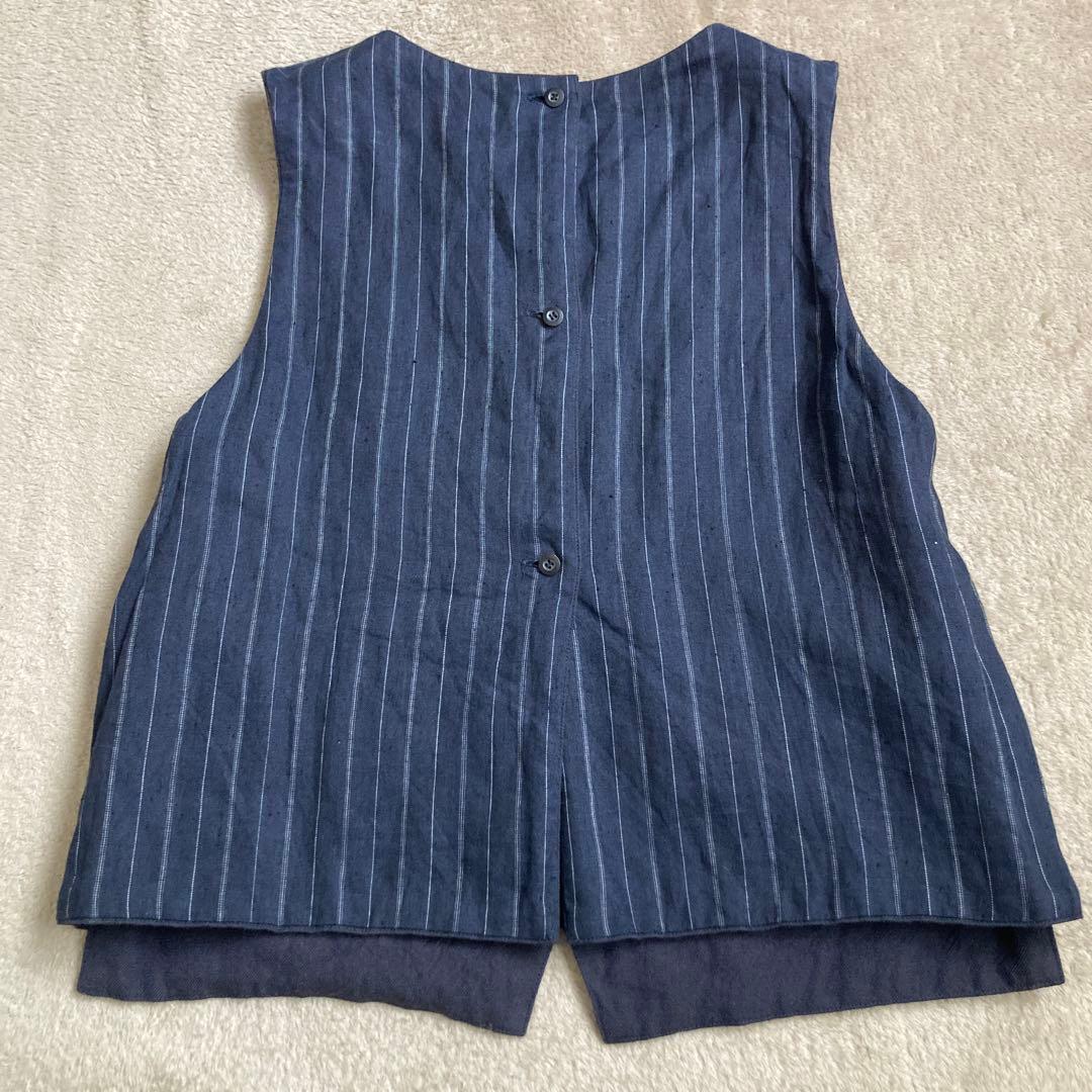 TOUJOURS ベスト リバーシブル リネン混 ストライプ ネイビー