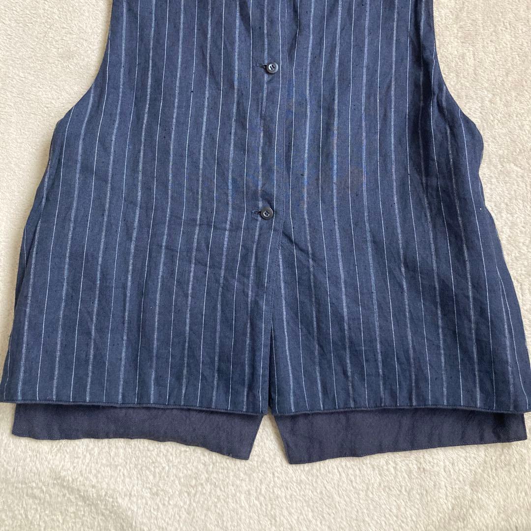 TOUJOURS ベスト リバーシブル リネン混 ストライプ ネイビー