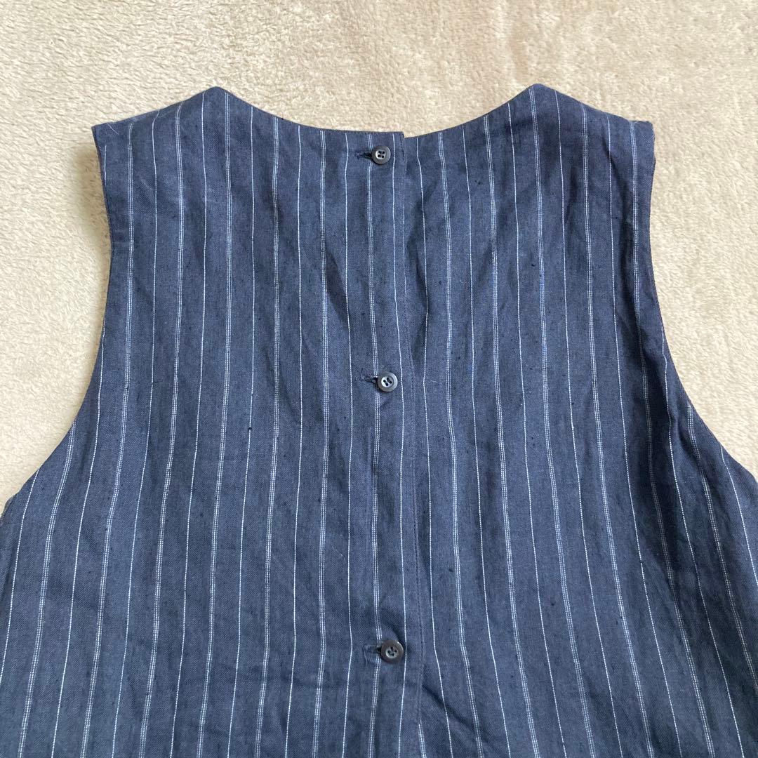 TOUJOURS ベスト リバーシブル リネン混 ストライプ ネイビー
