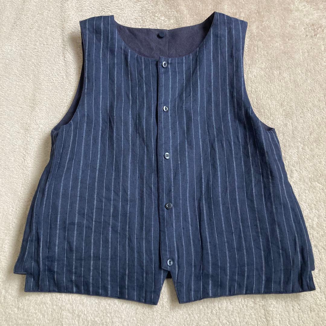 TOUJOURS ベスト リバーシブル リネン混 ストライプ ネイビー