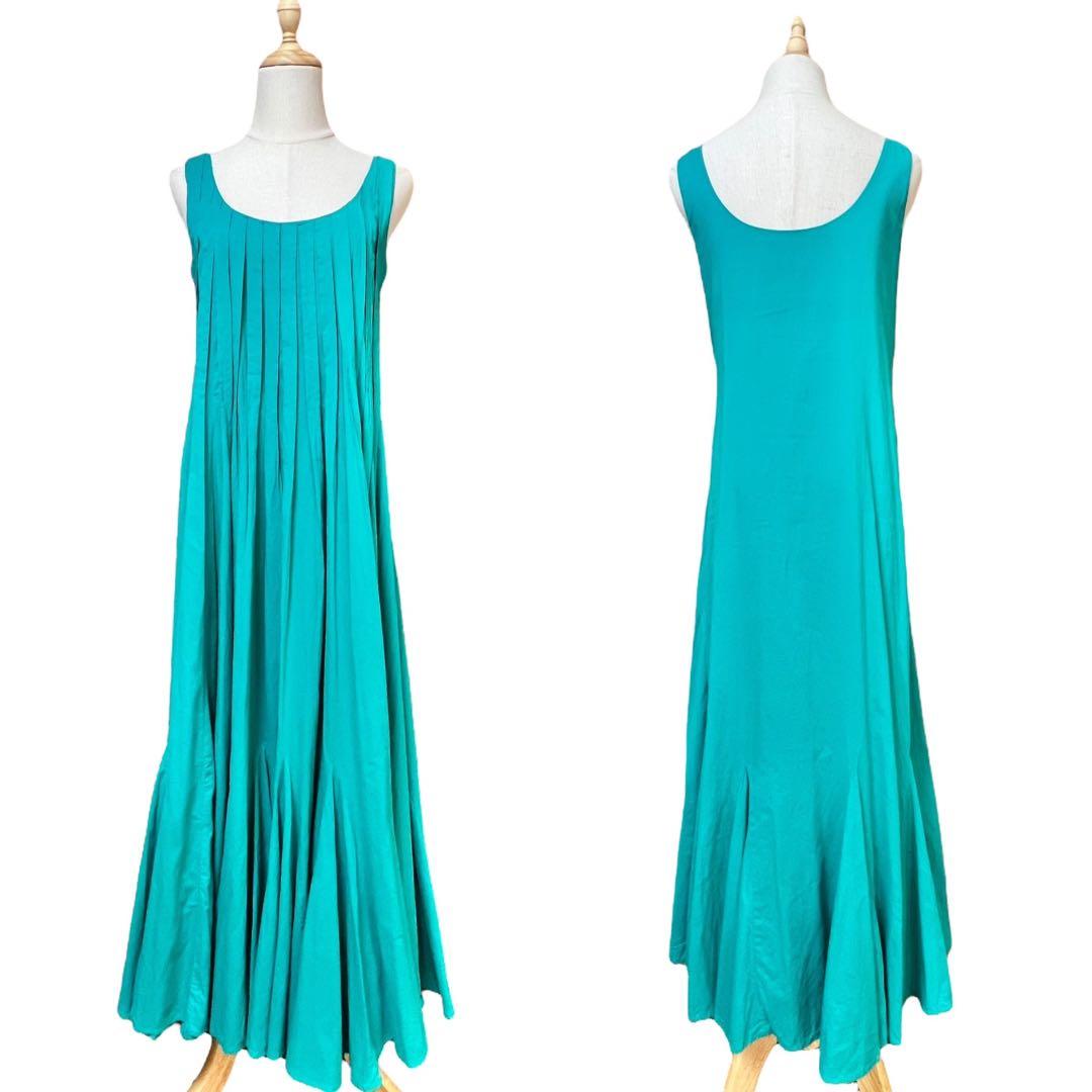 【マリハ】海の月影ドレス☆ノースリーブワンピース☆コットン☆プリーツ☆グリーン